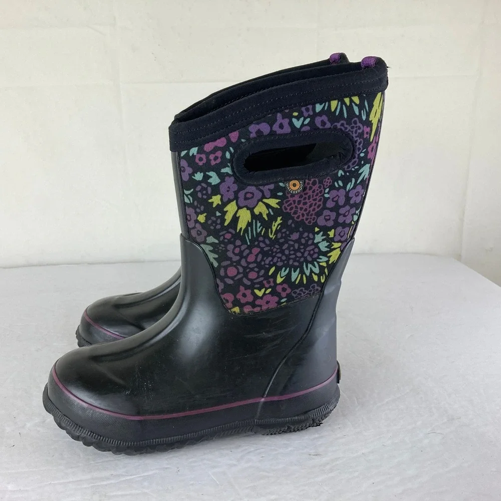 Bogs Rain Snow Boots Girls 11 Black Purple Floral Waterproof‎ Insulated Winter